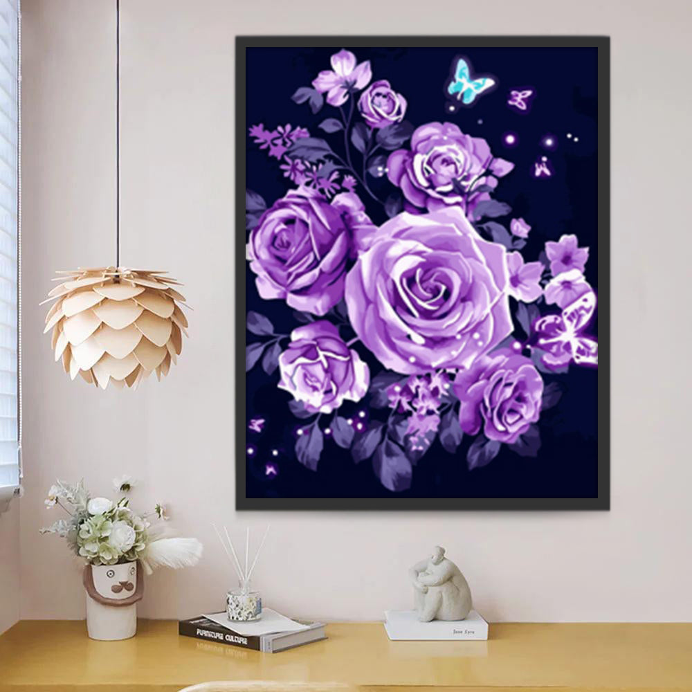 Paarse Rozen en Blauwe Vlinder Schilderen op Nummers