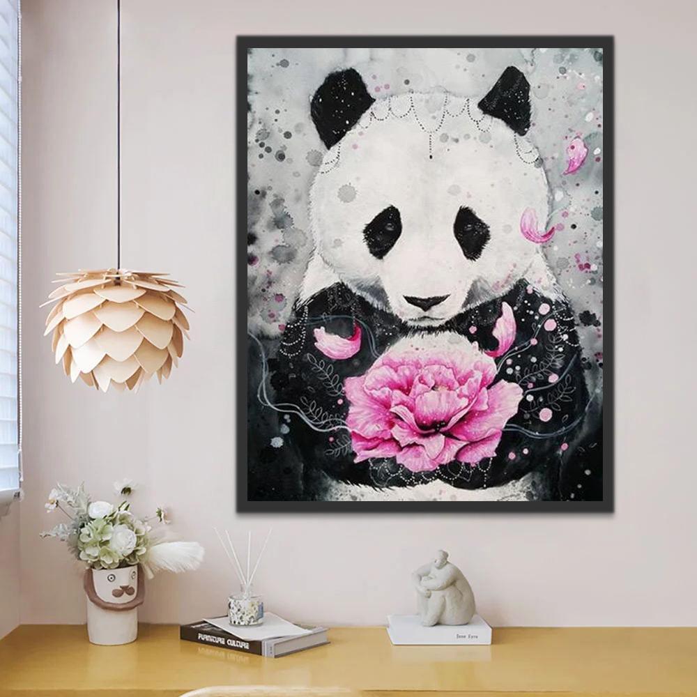 Panda met Roze Bloem Schilderen op Nummers