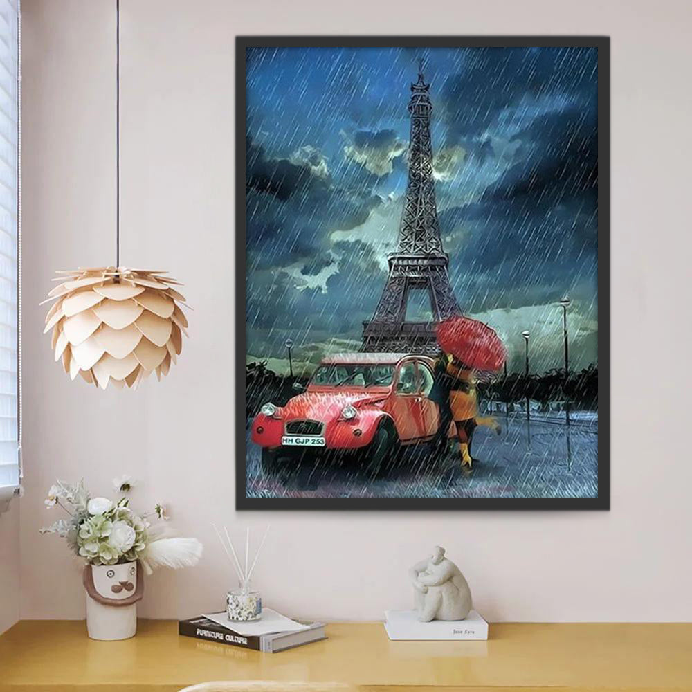 Parijse Regen met Rode Auto en Koppel Schilderen op Nummers