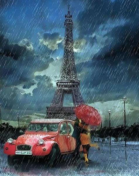 Parijse Regen met Rode Auto en Koppel Schilderen op Nummers