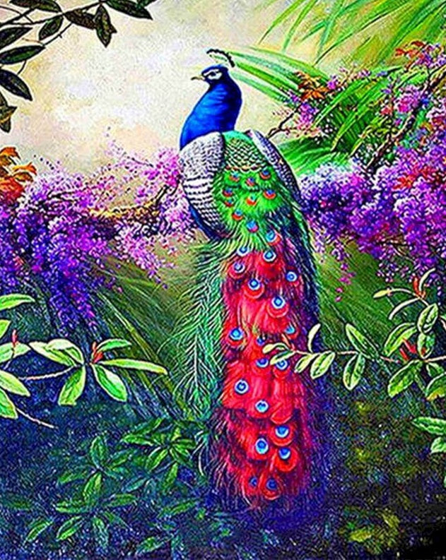 Pauw en Paarse Bloemen Schilderen op Nummers