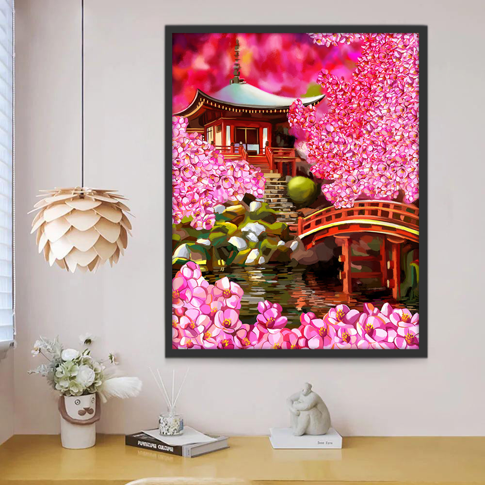 Paviljoen en bloemen Schilderen op Nummers