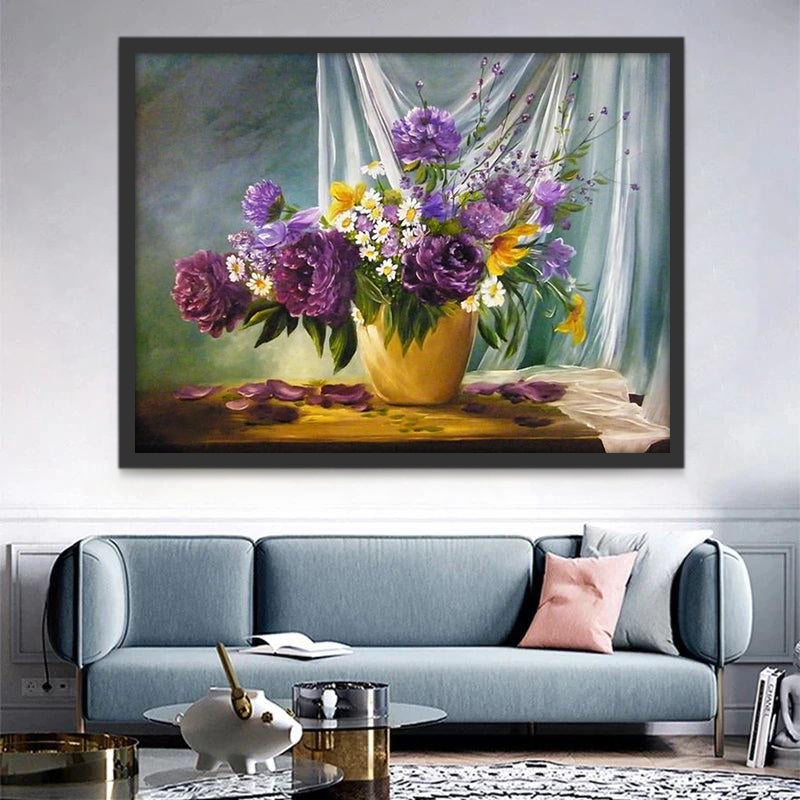 Pioenen, Paarse Bloemen en Madeliefjes Schilderen op Nummers