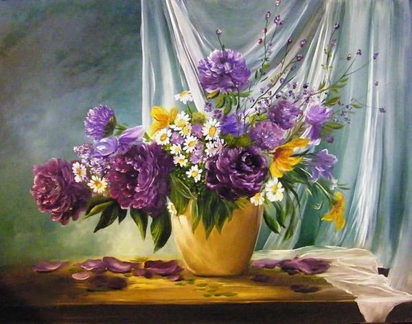 Pioenen, Paarse Bloemen en Madeliefjes Schilderen op Nummers