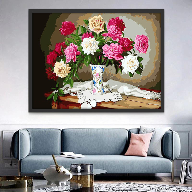 Pioenrozen en Rozen in een Vaas met Bloemmotieven op Tafel Schilderen op Nummers