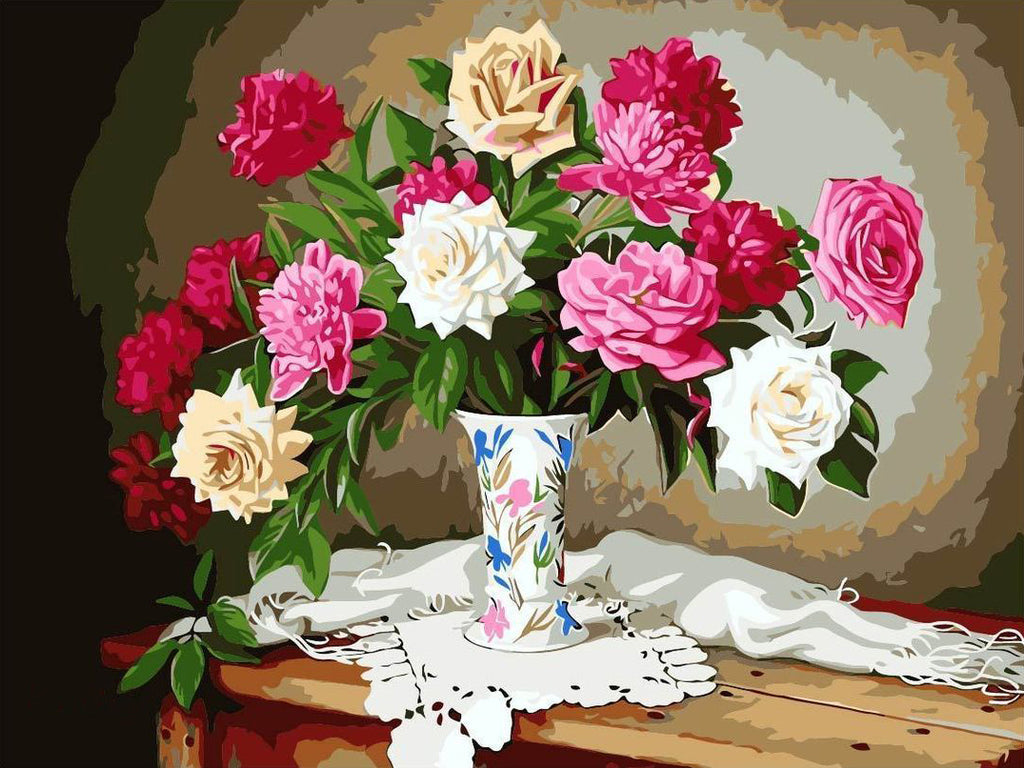Pioenrozen en Rozen in een Vaas met Bloemmotieven op Tafel Schilderen op Nummers