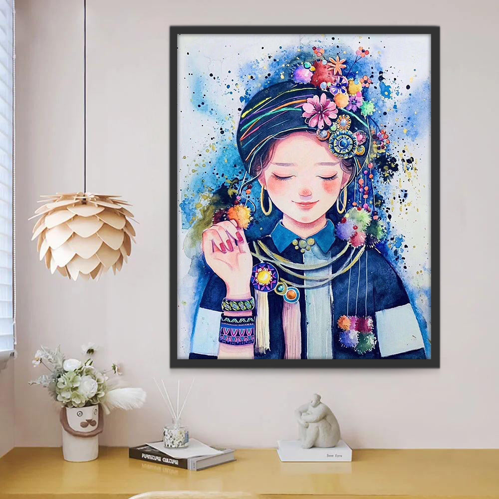 Portret van Meisje met Bloemen en Traditionele Hoofdtooi Schilderen op Nummers