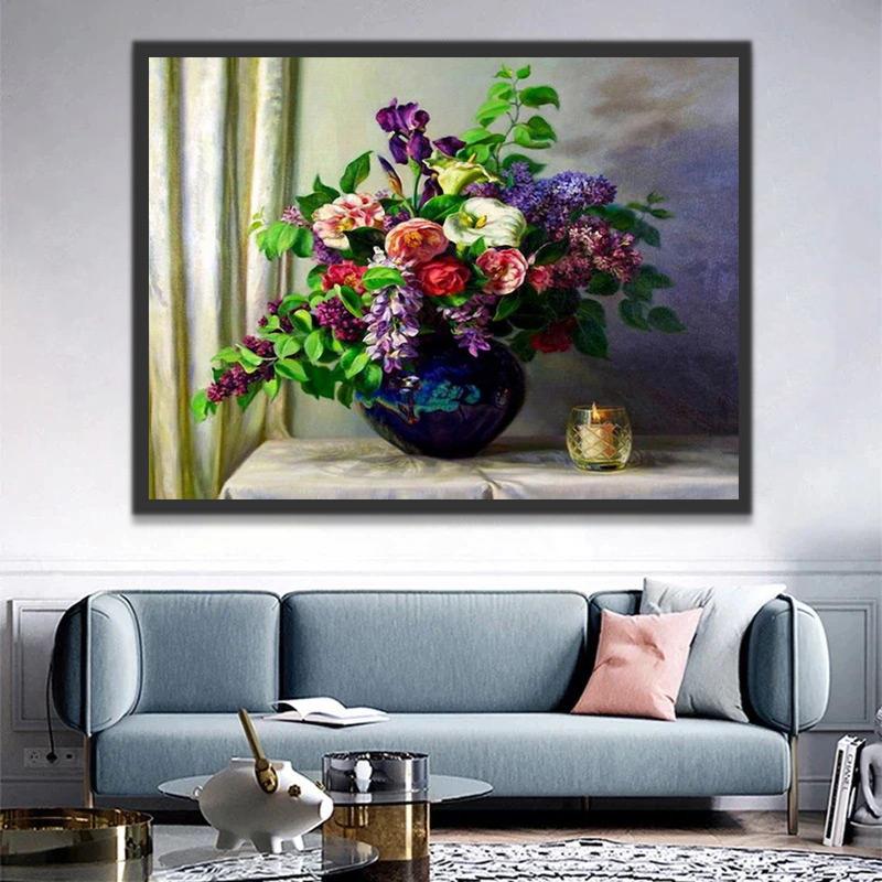 Potbloemen van vele Soorten naast de Kaarsen Schilderen op Nummers