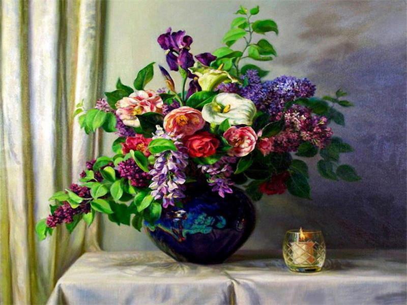 Potbloemen van vele Soorten naast de Kaarsen Schilderen op Nummers