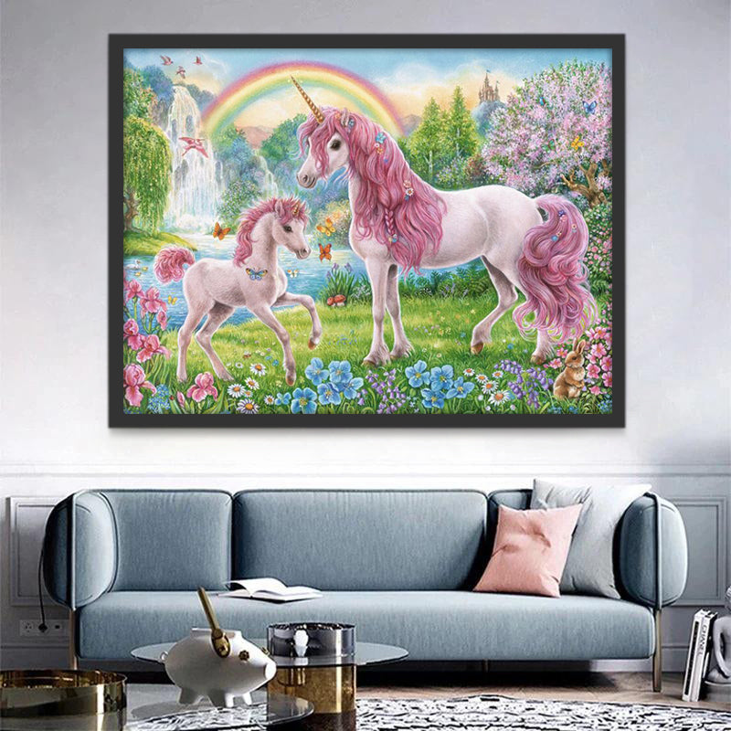 Regenboog en Twee Roze Eenhoorns Schilderen op Nummers