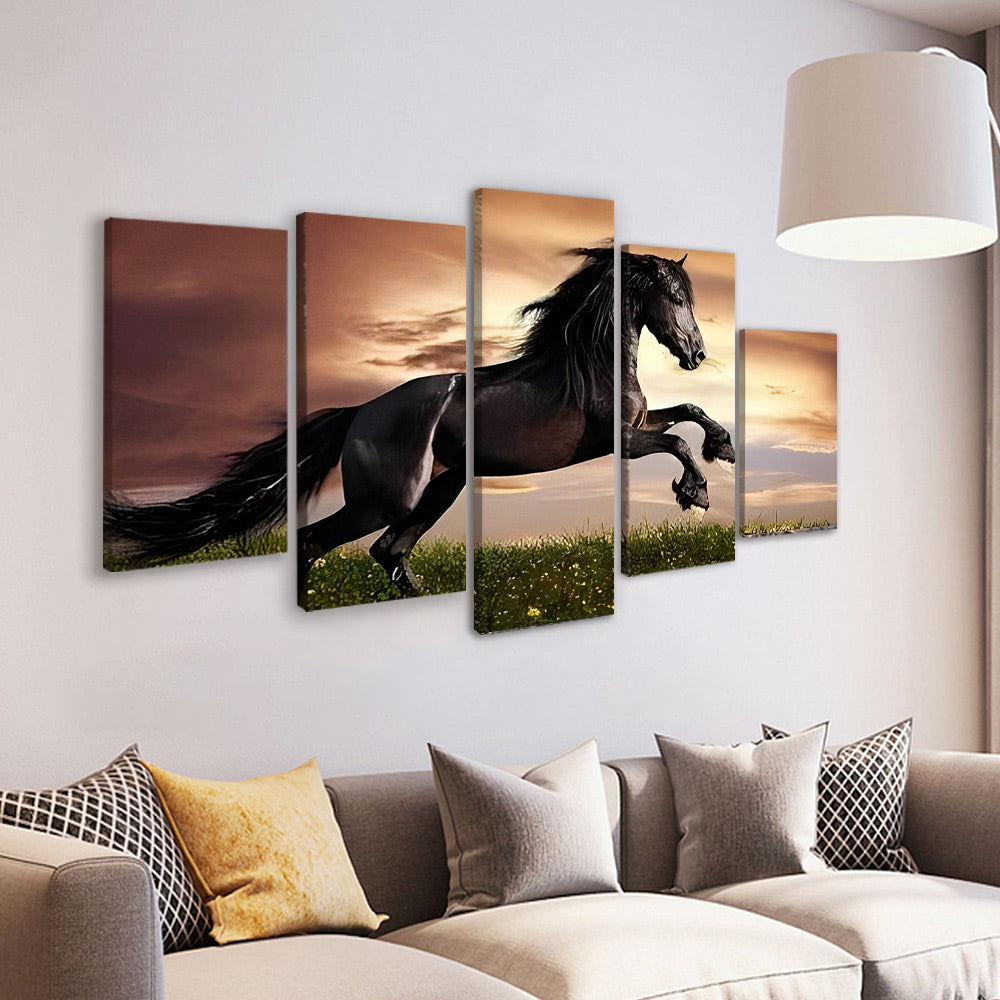 Rennend Zwart Paard 5 Platen Schilderen op Nummers