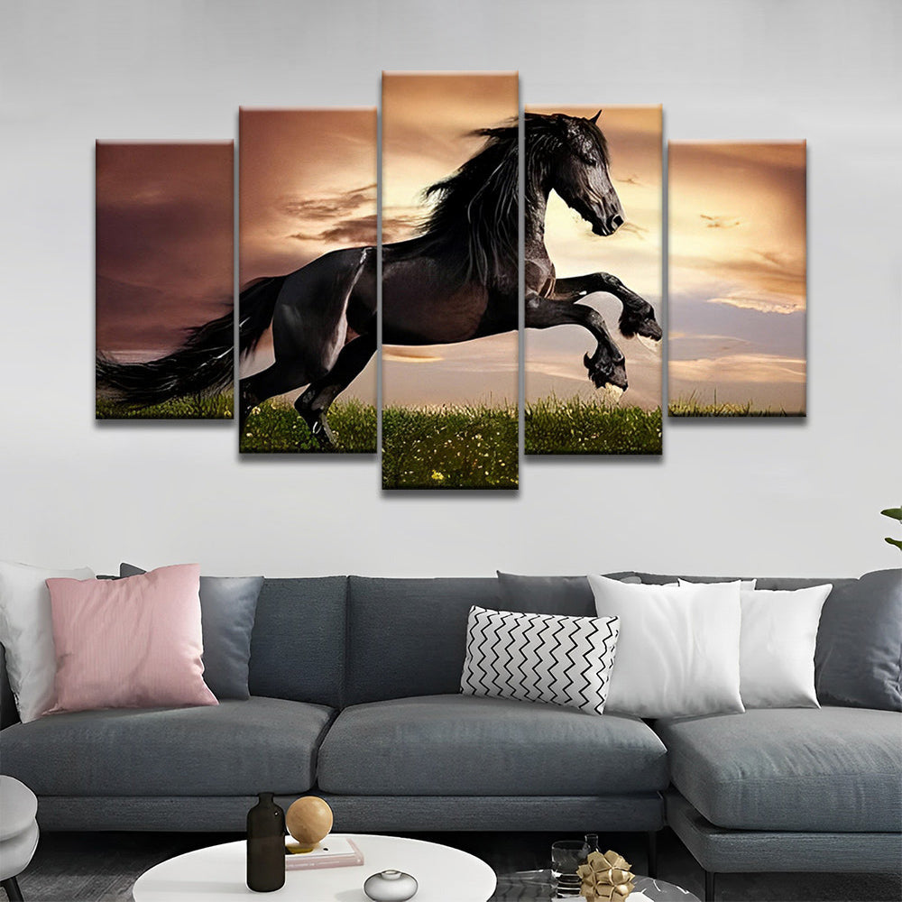 Rennend Zwart Paard 5 Platen Schilderen op Nummers