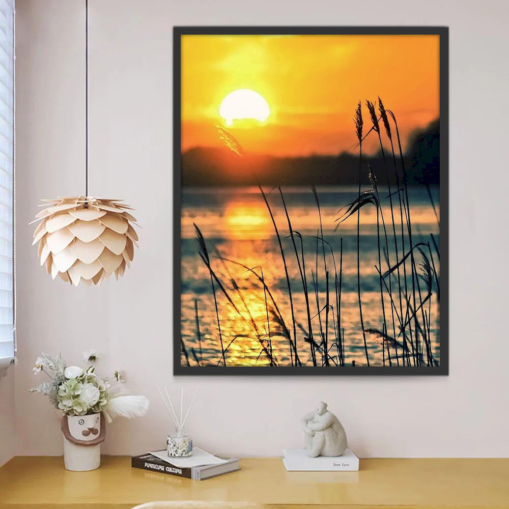 Riet aan Meer bij Zonsondergang Schilderen op Nummers