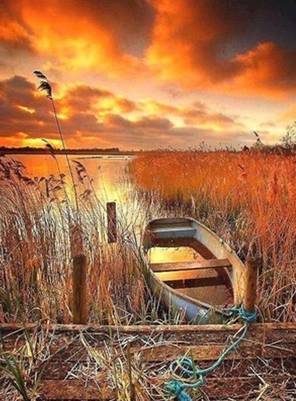 Riet en een Bootje bij het Meer Schilderen op Nummers