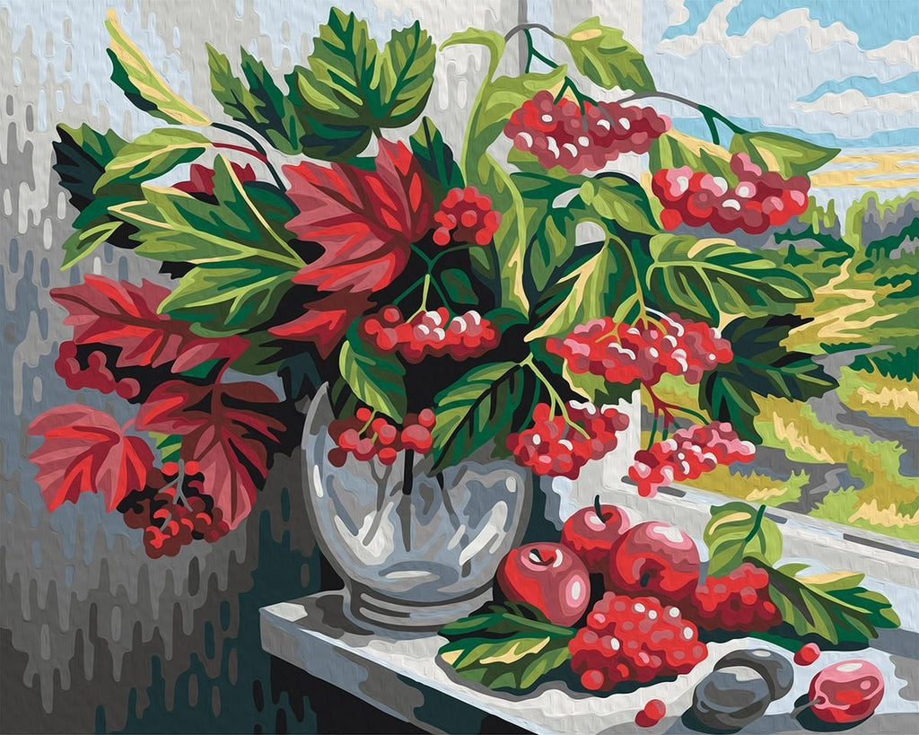 Rode Appels en Rode Potbloemen bij het Raam Schilderen op Nummers