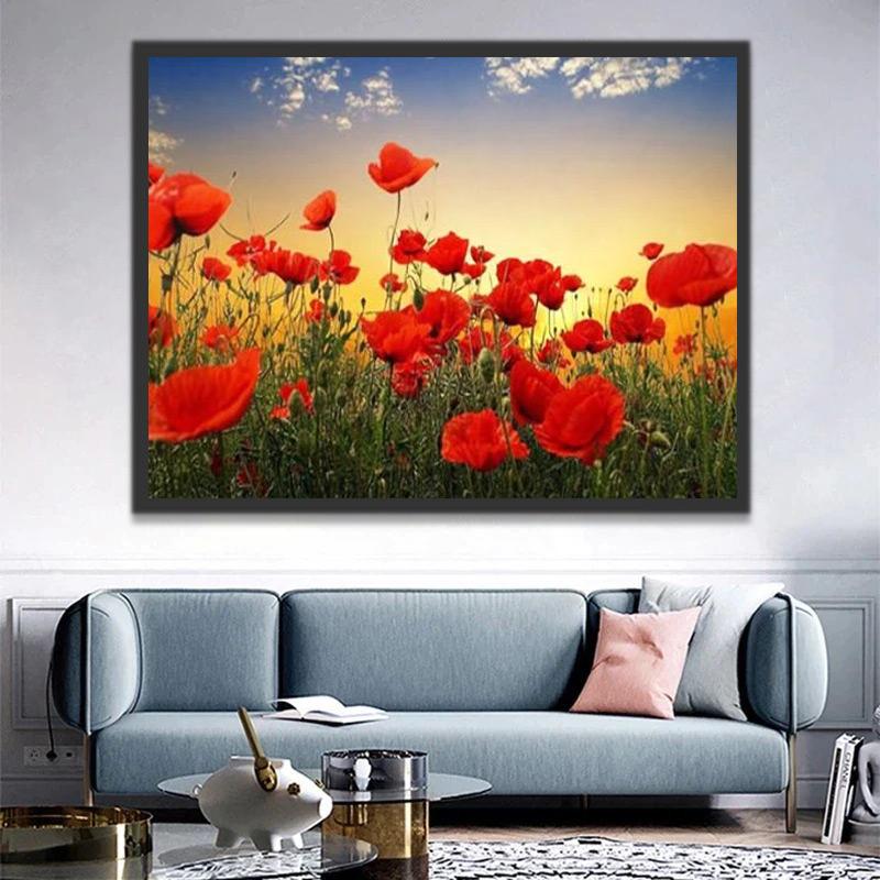 Rode bloemen bij zonsondergang Schilderen op Nummers