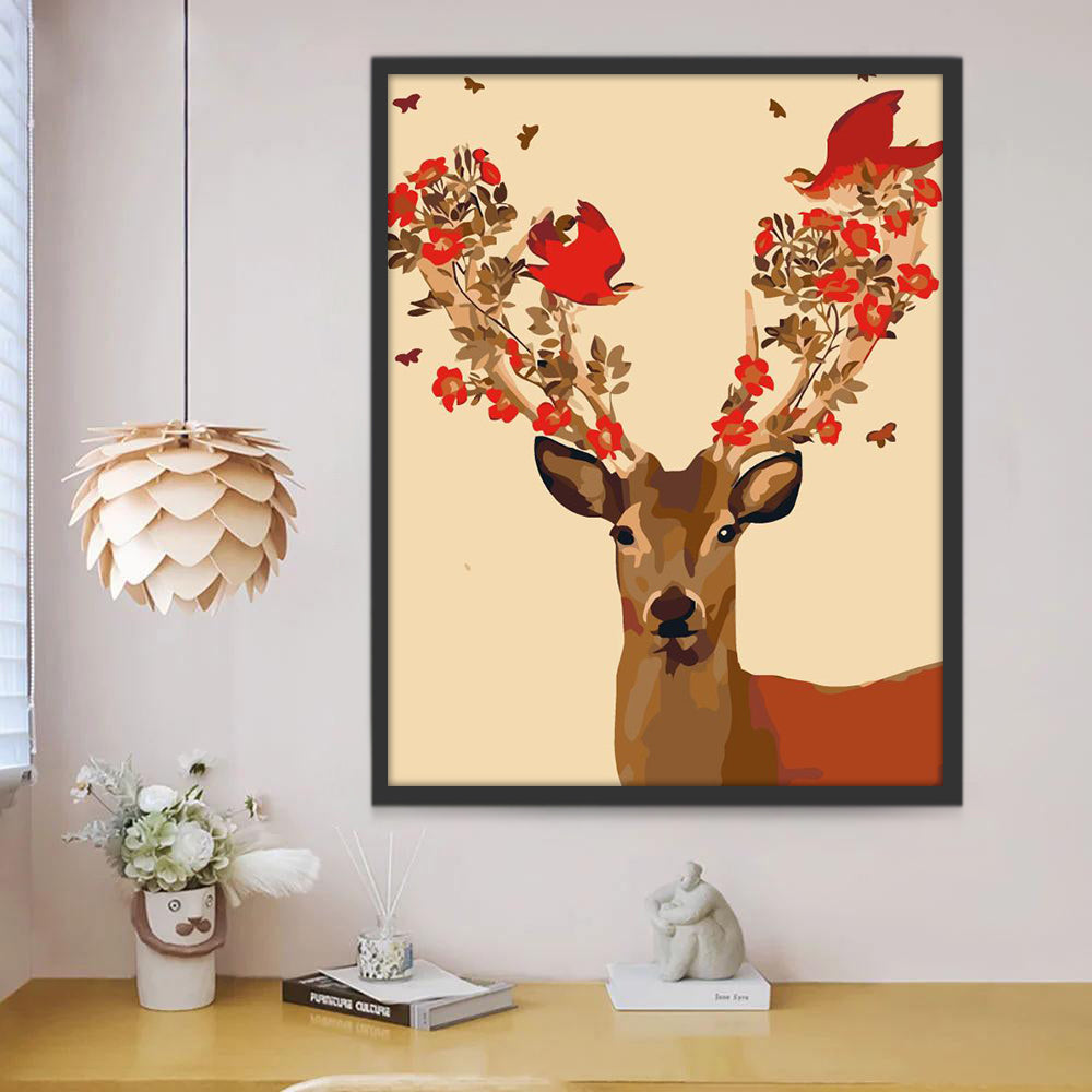 Rode Bloemen en Vogels op Hert Gewei Schilderen op Nummers