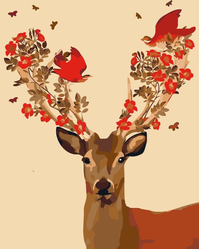 Rode Bloemen en Vogels op Hert Gewei Schilderen op Nummers
