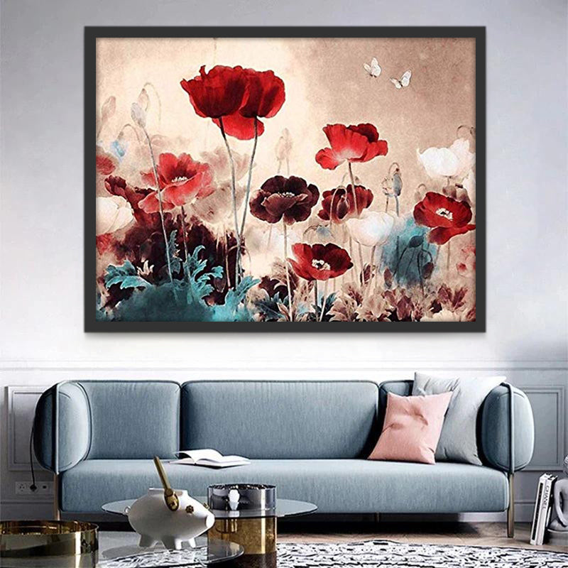 Rode bloemen en witte vlinders Schilderen op Nummers