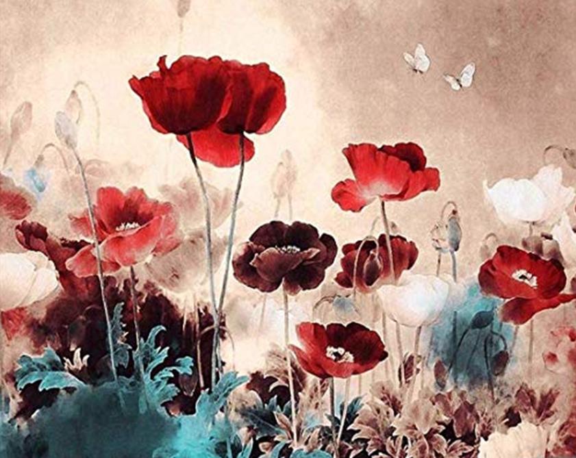 Rode bloemen en witte vlinders Schilderen op Nummers