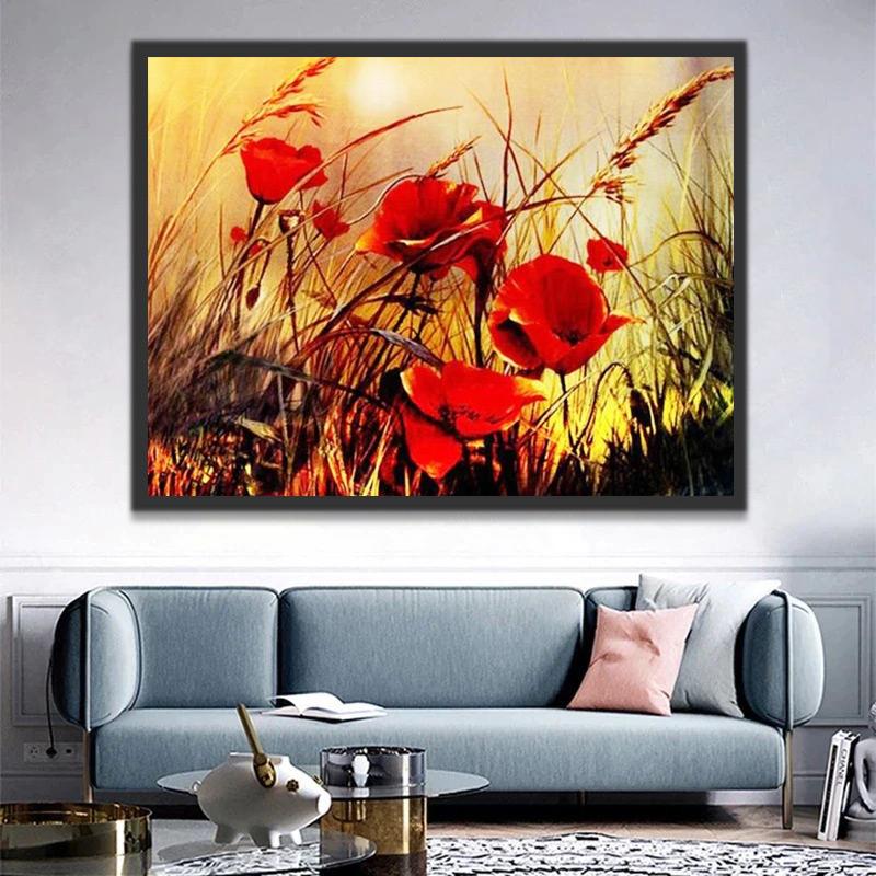 Rode bloemen in het gras Schilderen op Nummers