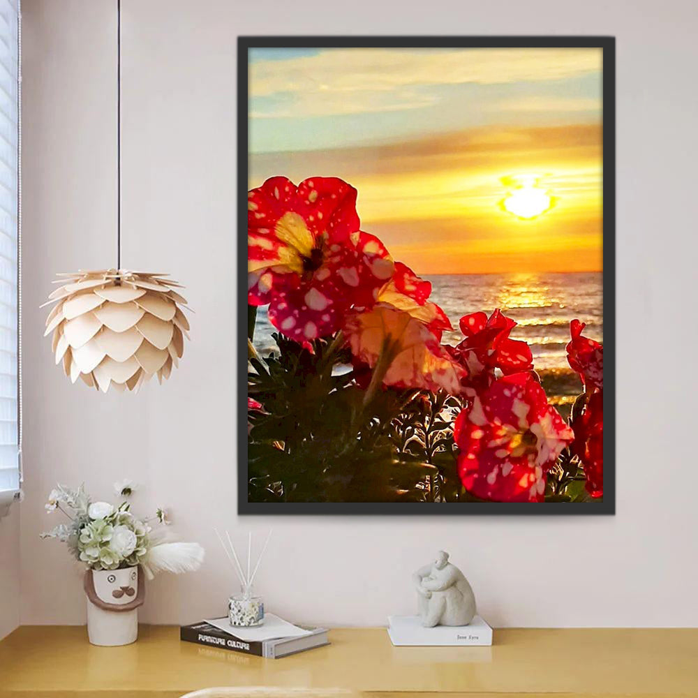 Rode Bloemen op het Strand bij Zonsondergang Schilderen op Nummers