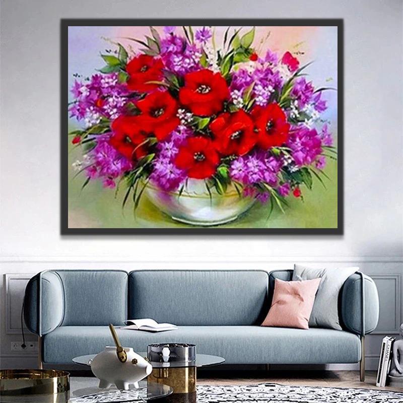 Rode Bloesems en Paarse Bloemen Schilderen op Nummers