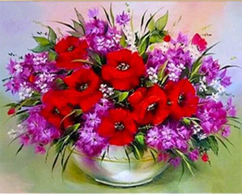 Rode Bloesems en Paarse Bloemen Schilderen op Nummers