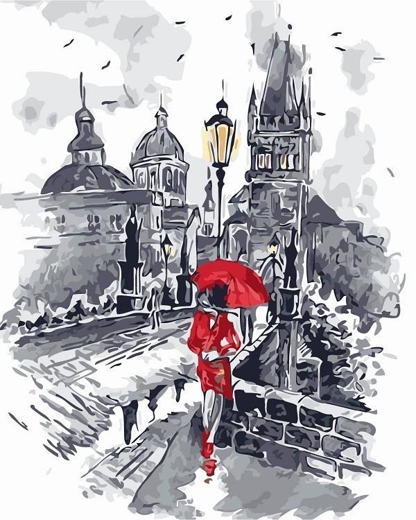 Rode Mantel en Paraplu op Praagse Brug in de Regen Schilderen op Nummers
