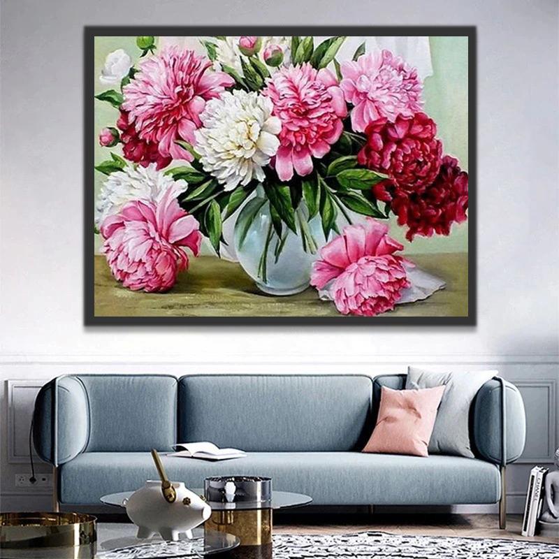Rode, Roze en Witte Pioenrozen Schilderen op Nummers