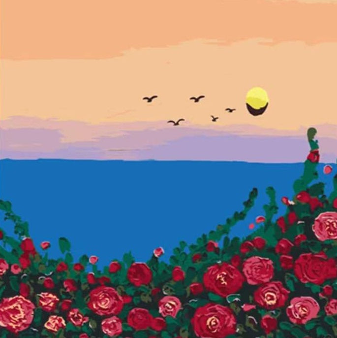 Rode Rozen bij het Meer bij Zonsondergang Schilderen op Nummers