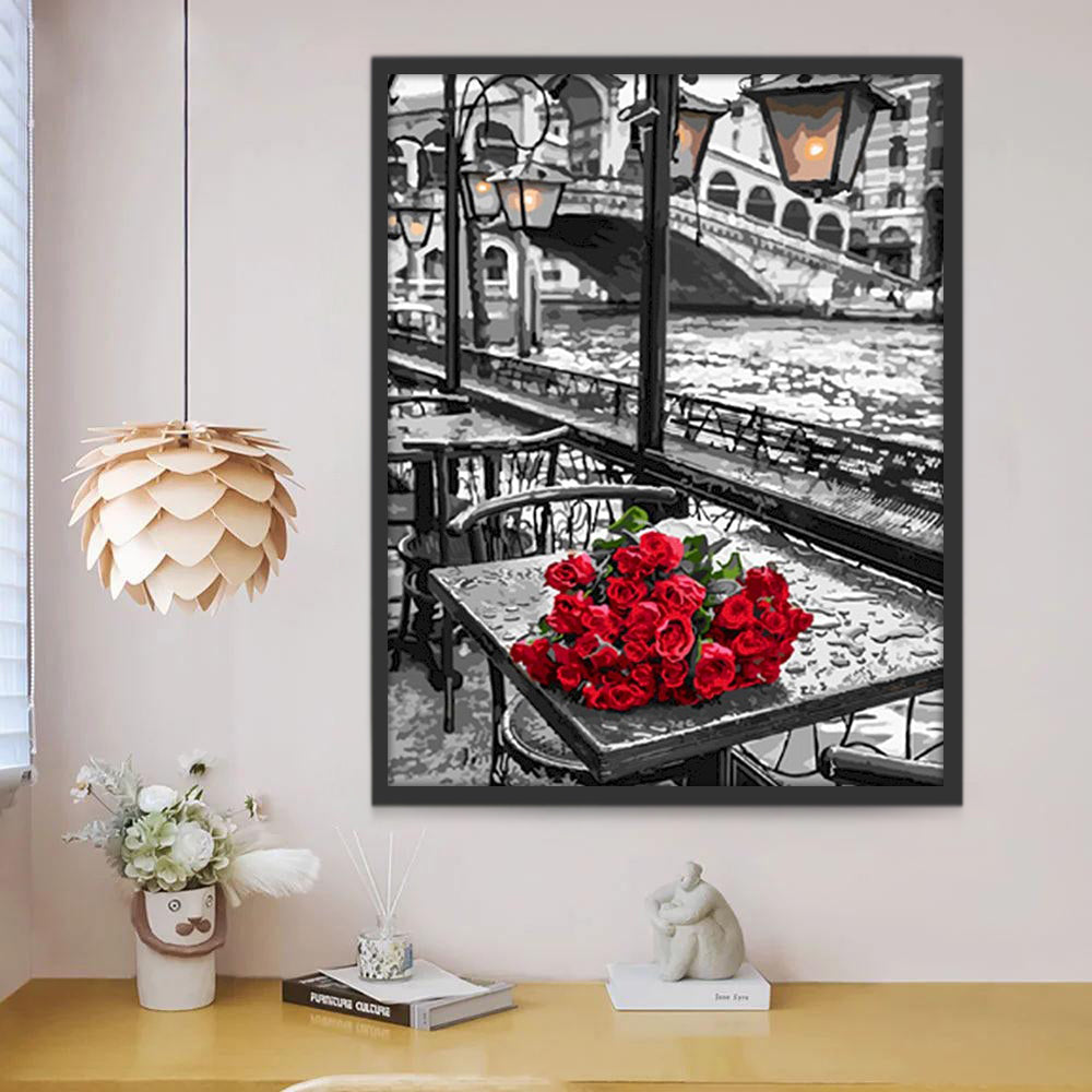 Rode Rozen op de Tafel aan de Oever van de Rivier Schilderen op Nummers