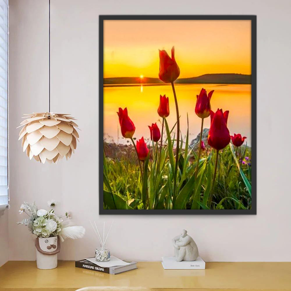 Rode Tulpen bij het meer bij Zonsondergang Schilderen op Nummers