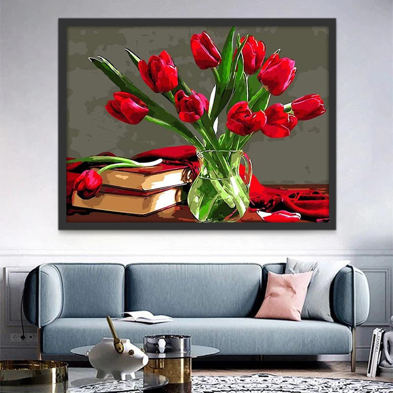 Rode tulpen op het bureau Schilderen op Nummers