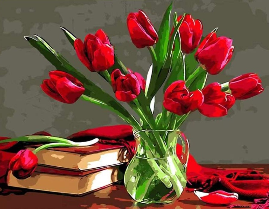 Rode tulpen op het bureau Schilderen op Nummers