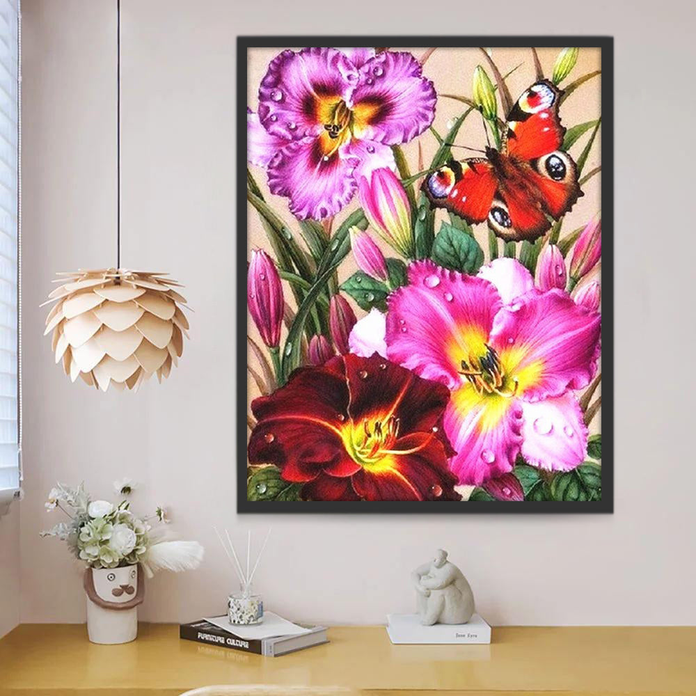 Rode Vlinder en Roze Bloemen Schilderen op Nummers