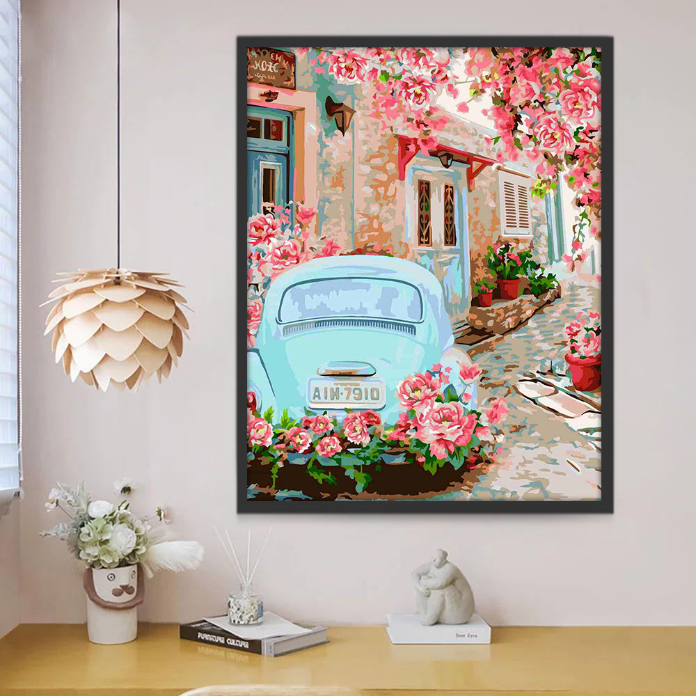 Romantisch Straatje met Auto en Bloemen Schilderen op Nummers