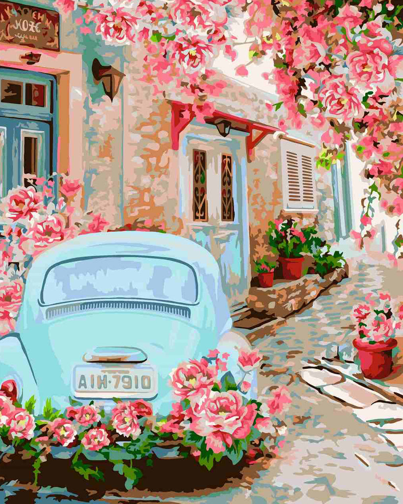 Romantisch Straatje met Auto en Bloemen Schilderen op Nummers