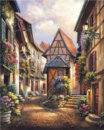 Romantische Steeg met Bloemen Schilderen op Nummers