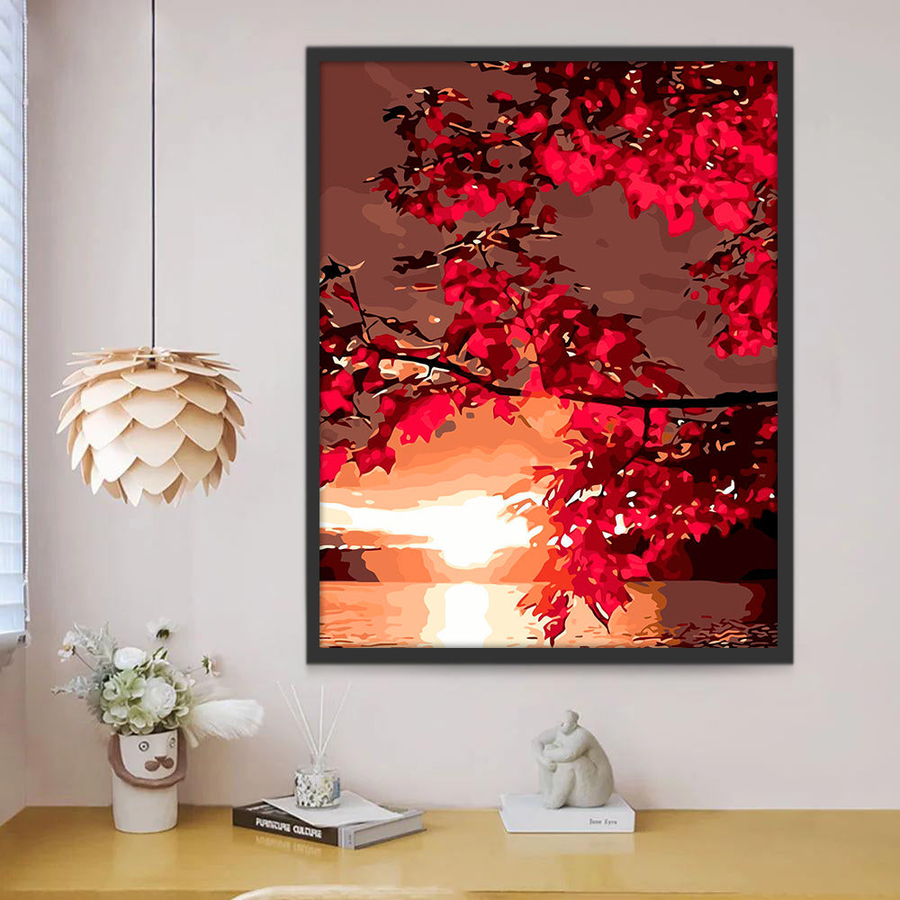 Rood Bloeiende Boom bij Zonsondergang Schilderen op Nummers