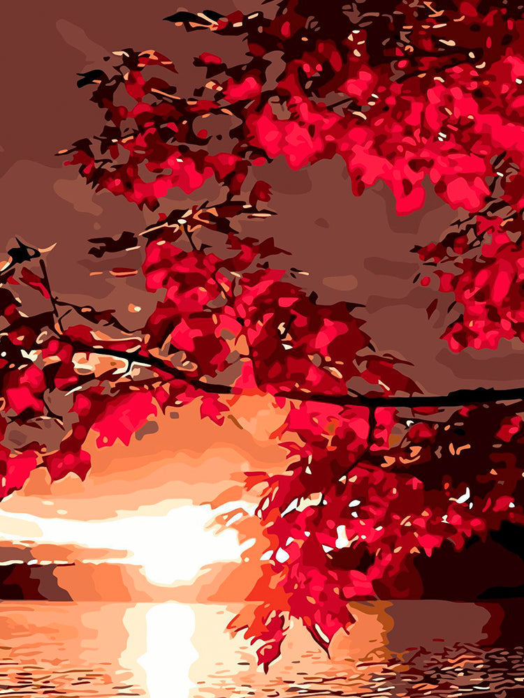 Rood Bloeiende Boom bij Zonsondergang Schilderen op Nummers