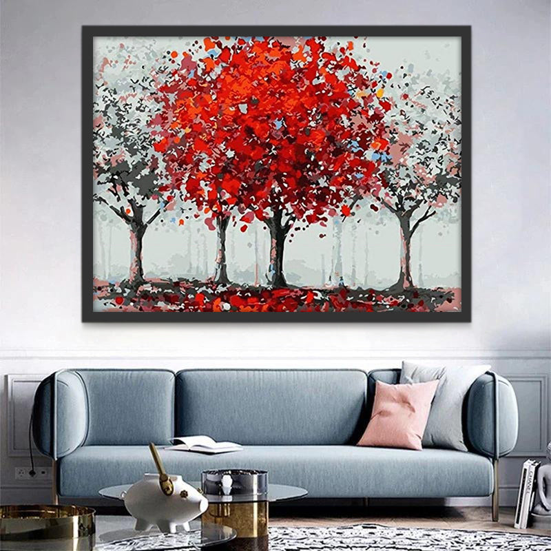Rood Bloeiende Boom Schilderen op Nummers
