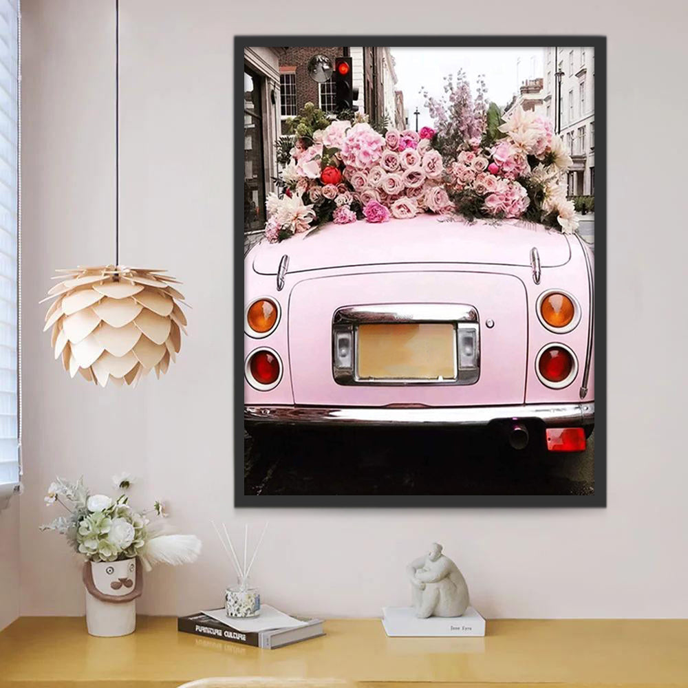 Roze Auto Bedekt Met Bloemen Schilderen op Nummers
