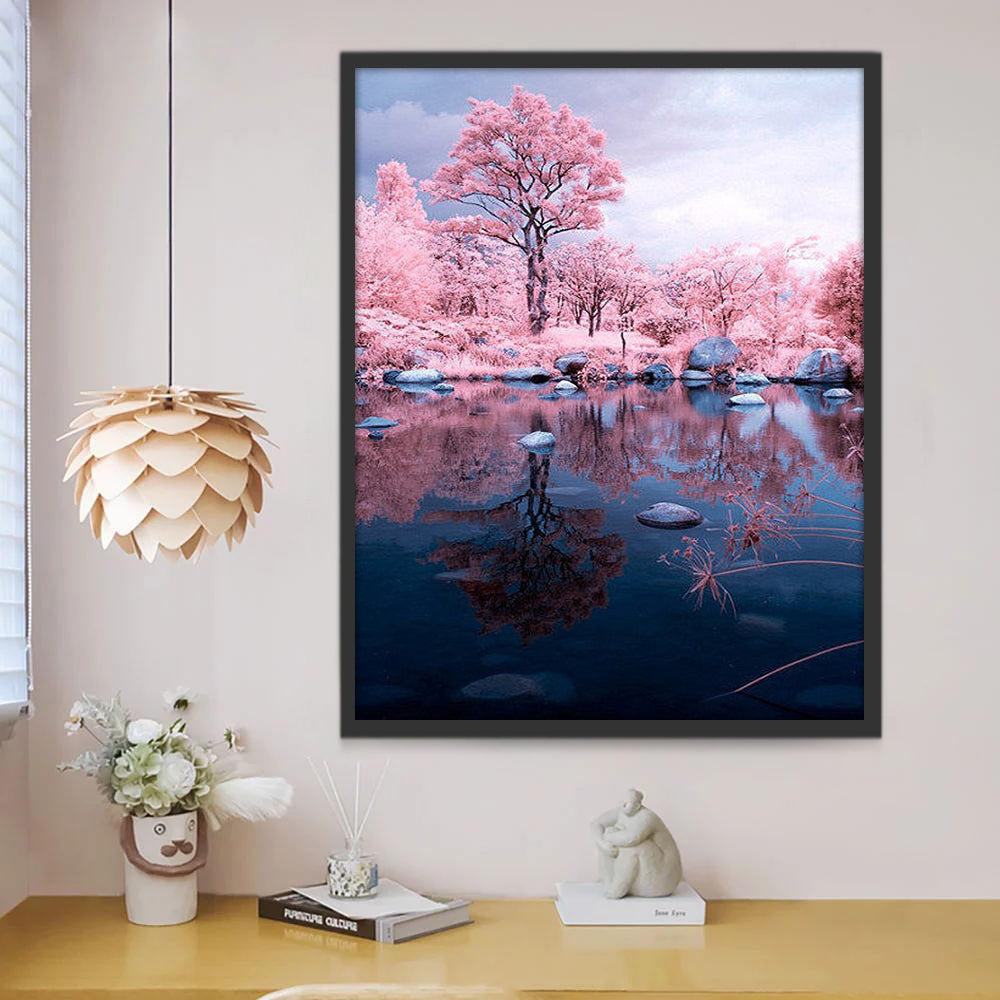 Roze Bloeiende Bomen bij het Meer en Weerspiegelingen Schilderen op Nummers