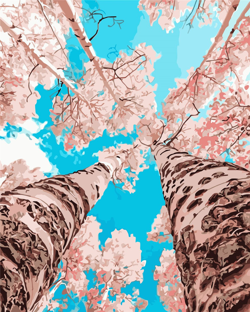 Roze Bloeiende Bomen onder een Blauwe Hemel Schilderen op Nummers