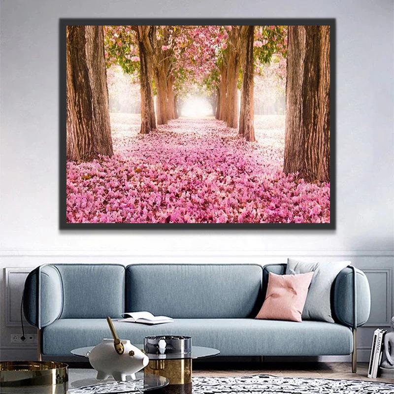 Roze Bloeiende Boom Schilderen op Nummers