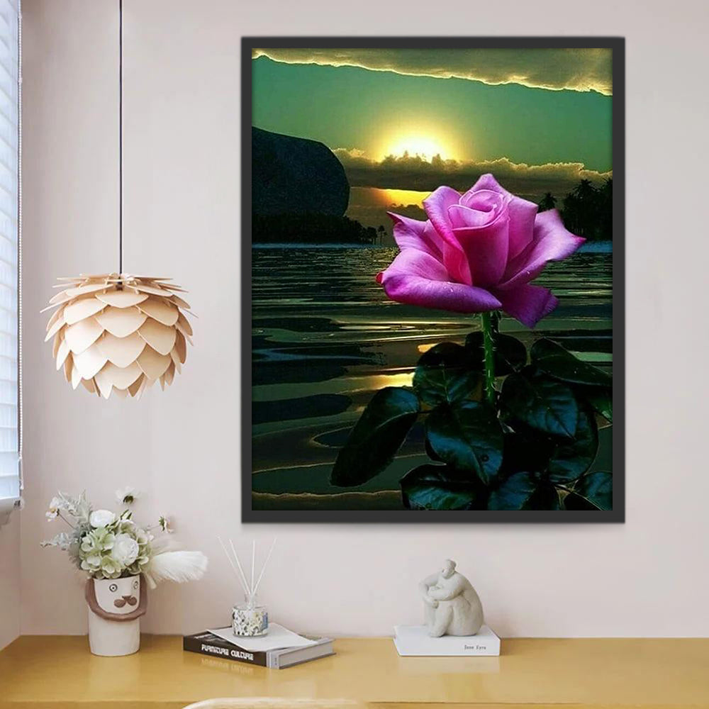 Roze Bloem bij het Meer bij Zonsondergang Schilderen op Nummers