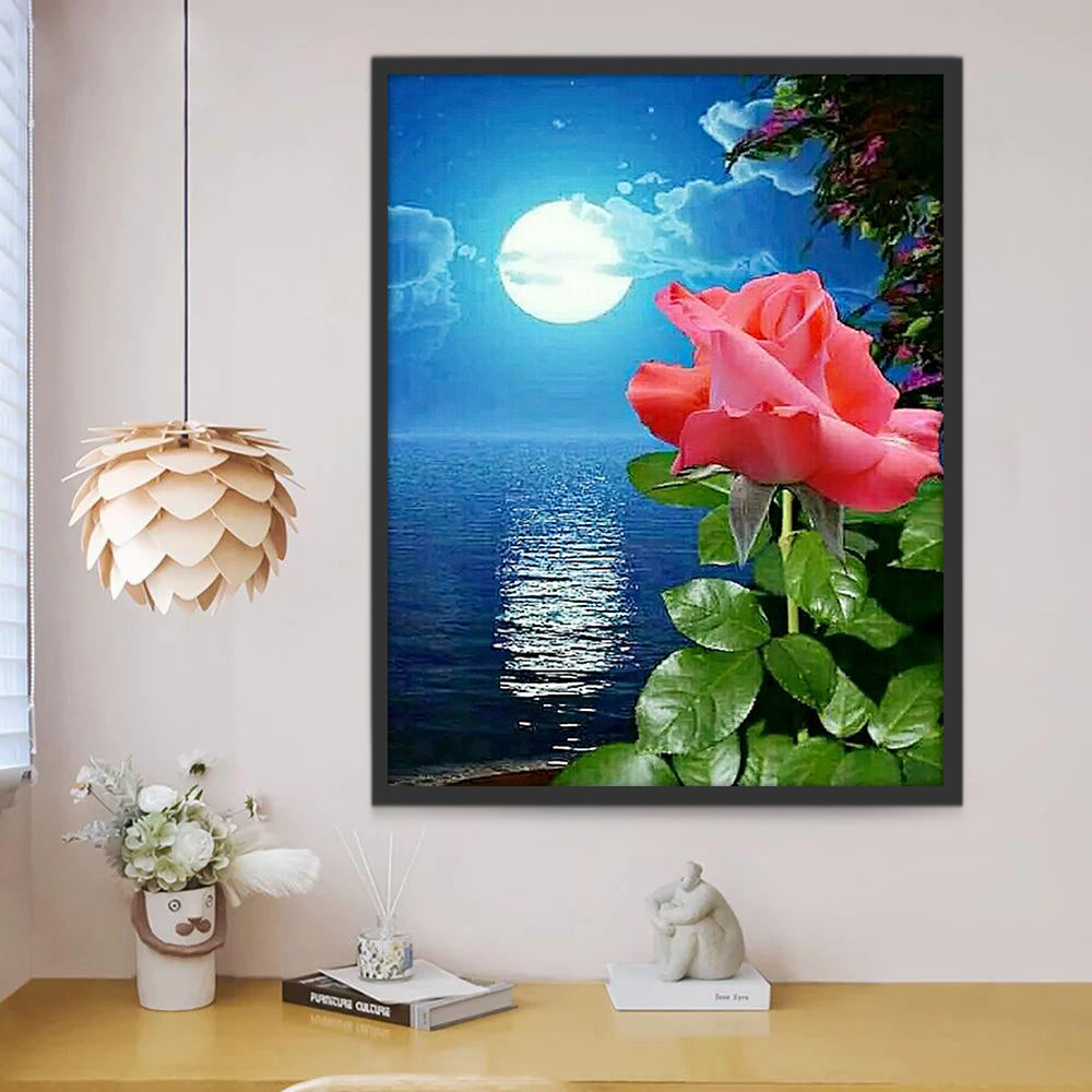 Roze Bloem bij het Meer in het Maanlicht Schilderen op Nummers