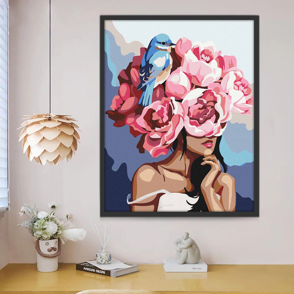 Roze Bloemen, Blauwe Vogel en Vrouw Schilderen op Nummers