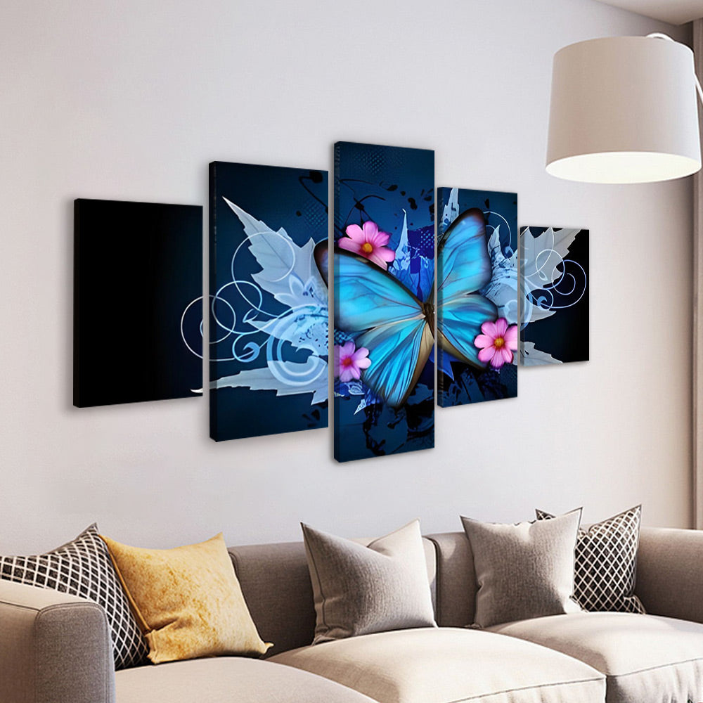 Roze Bloemen en Blauwe Vlinder 5 Platen Schilderen op Nummers